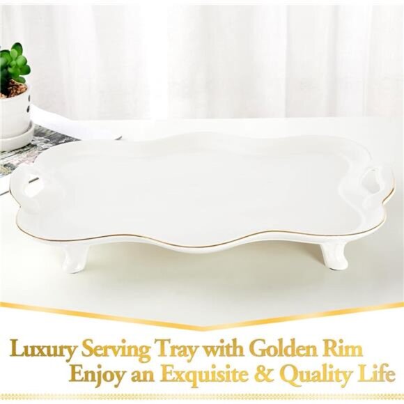 Porcelain Serving Tray with Handles Luxury Tea Tray Coffee Table Decor Gold Rim - Picture 3 of 6